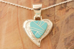 Navajo Artist Calvin Begay Genuine Kingman Turquoise Sterling Silver Heart Pendant